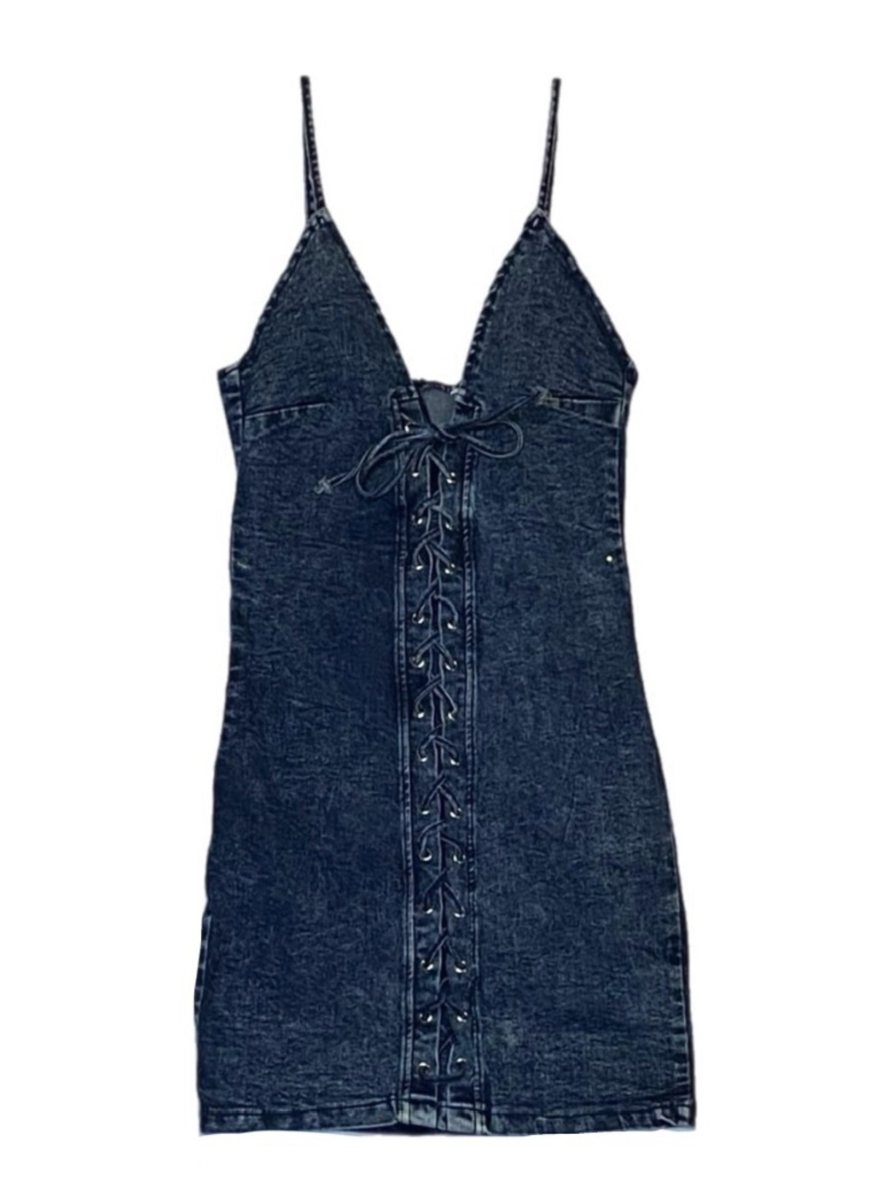 Denim Mini Dress Spaghetti Straps S Dark Wash Blue